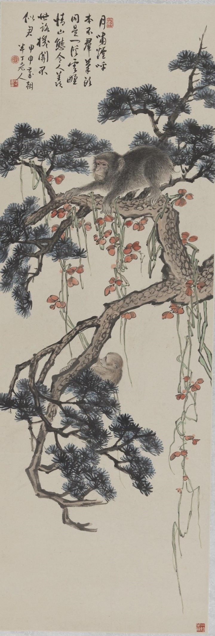 <h2>松枝双猴</h2><p>作者：陈半丁（1876-1970）</p><p>创作年代：1944年</p><p>规格：118.2cm×40.7cm</p><p>品类：中国画</p>